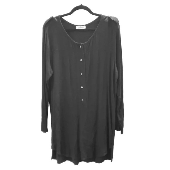 Velvet Black Button Front Hi Low Flowy Tunic Top Mini Dress L - Picture 1 of 16